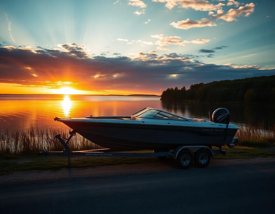 Boat on a trailer at sunset, sold through My Car Guy