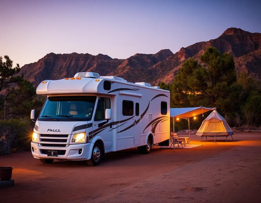 Motorhome RV parked at a California campsite