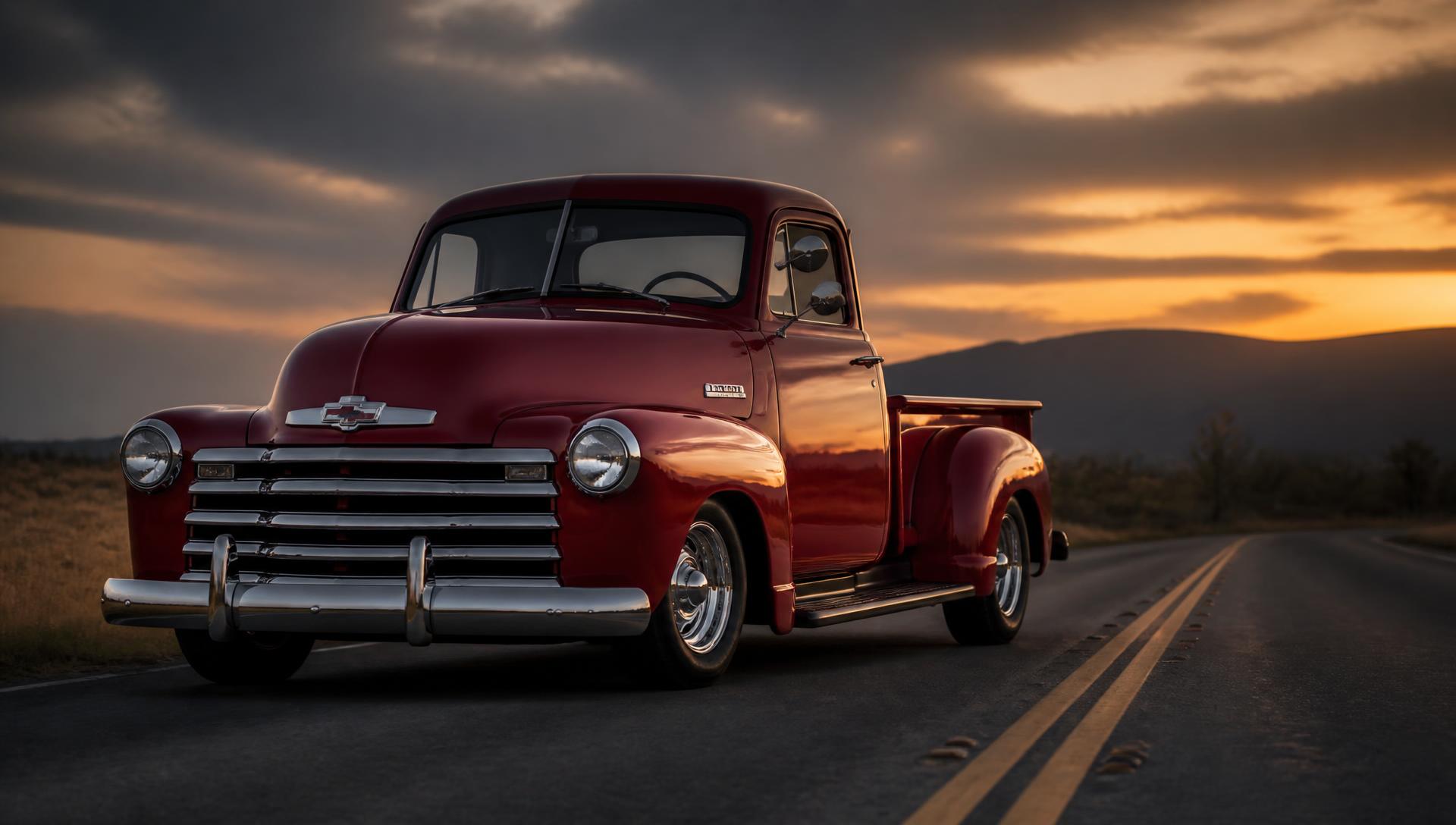 Classic red pickup truck on a California road at sunset
